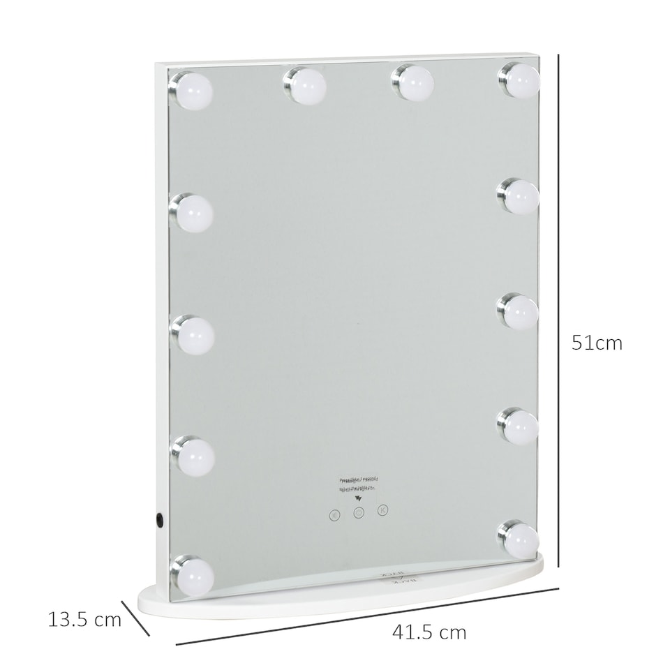 image 1 of HOMCOM Hollywood Mirror with Lights for Makeup Dressing Table, Lighted Vanity Mirror with 12 Dimmable LED Bulbs and USB Plug in Power Supply, White