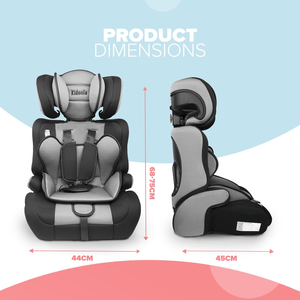 image 1 of Kidoola Adjustable Car Seat, 3 Age Functions, Toddler to 12 Years, Grey