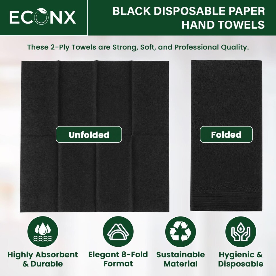 image 1 of ECONX Black Paper Napkins 40cm 2 Ply Strong Paper Napkins Tissue Serviettes Cocktail Napkins Pack of 125