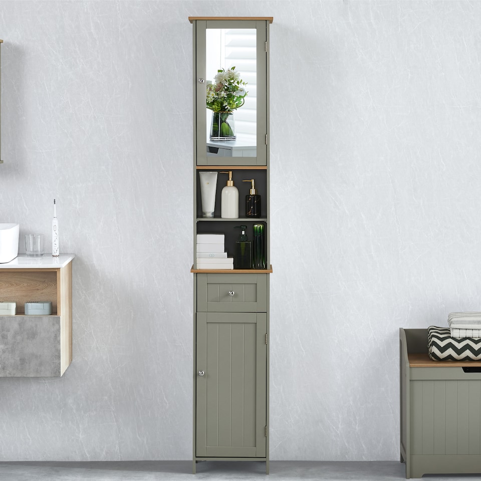 image 1 of Bath Vida Priano 2 Door Tall Bathroom Cabinet With Mirror, Grey & Oak