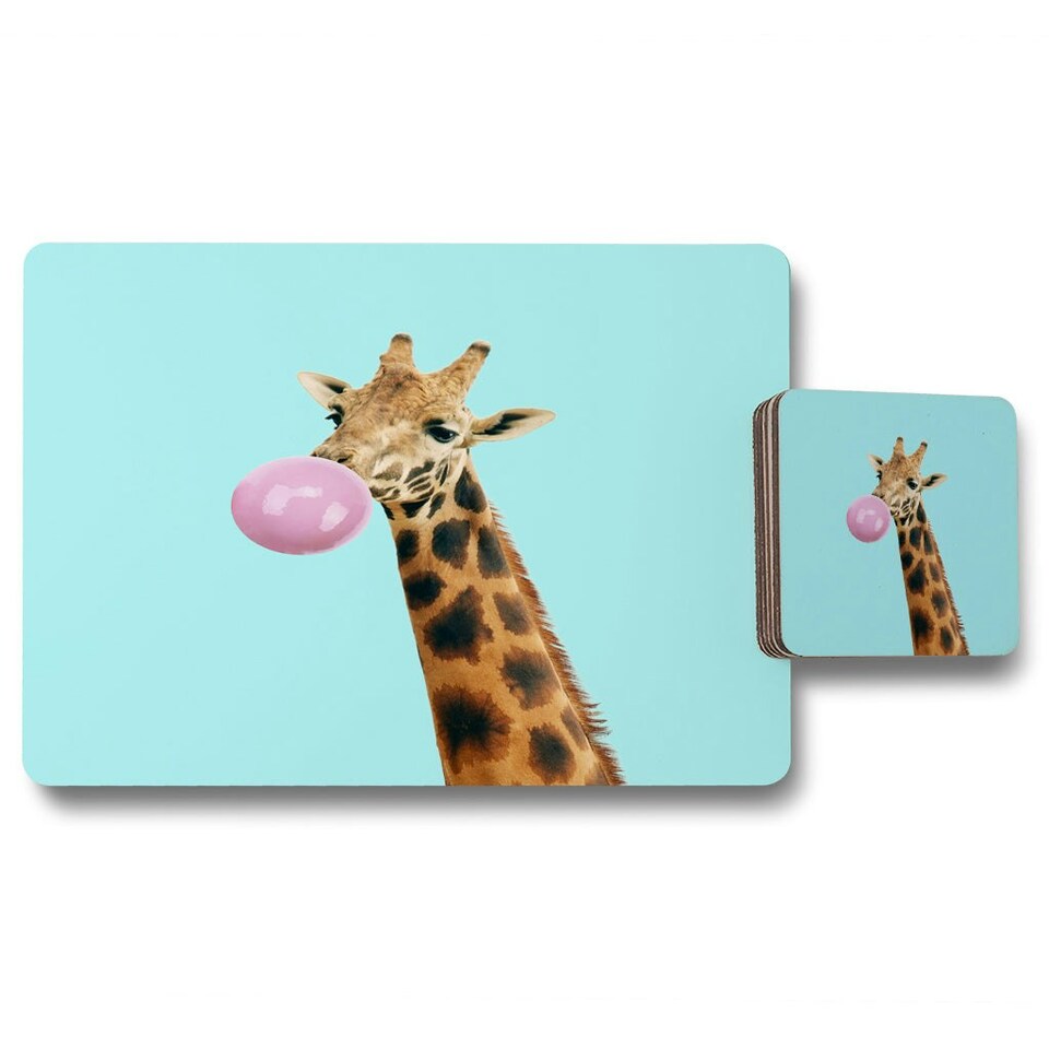 image 1 of Concept giraffe with bubble gum on color background (Placemat & Coaster Set)