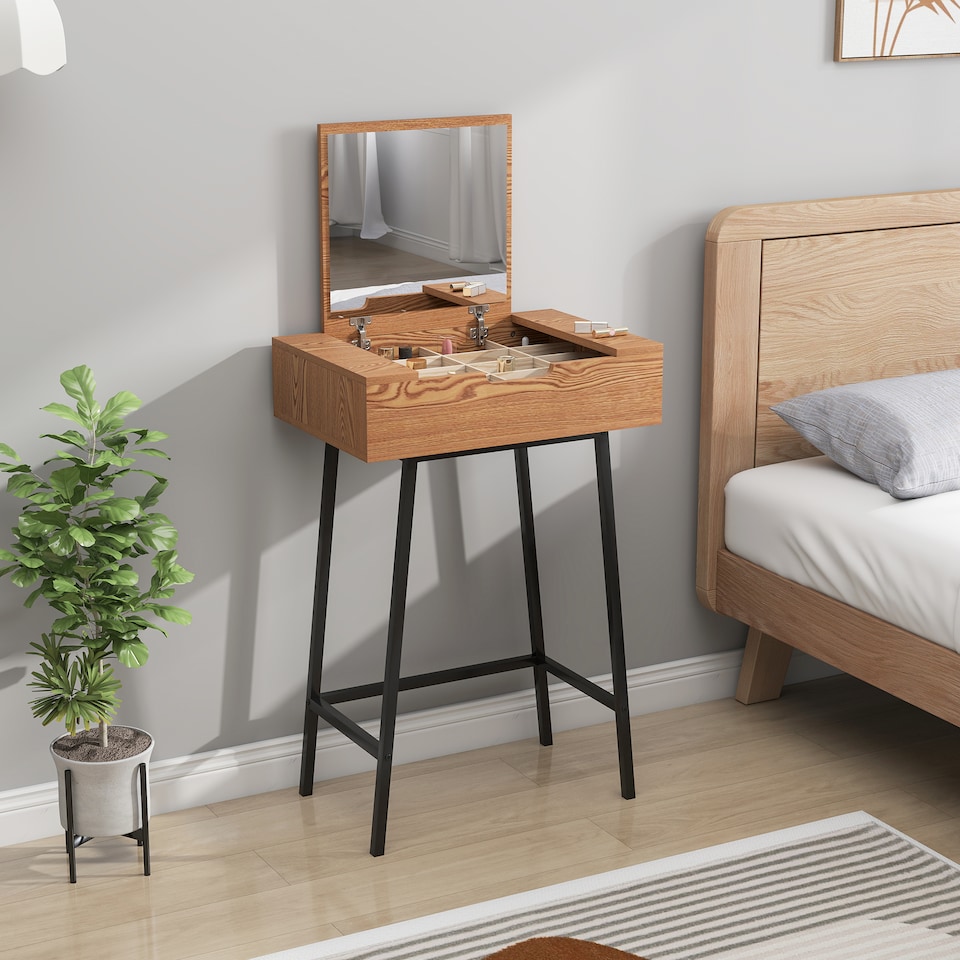 image 1 of HOMCOM Industrial Vanity Desk with Mirror and Steel Legs Natural Wood Effect | Yellow