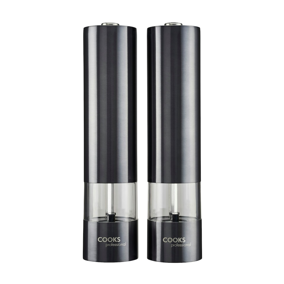 image 1 of Cooks Professional Electric Salt & Pepper Mill Set with Bamboo Base | Adjustable Grind Settings | Simple One-Button Operation | Graphite / Bamboo