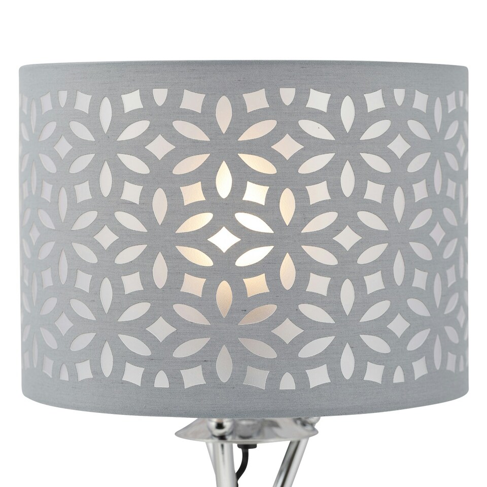 image 1 of First Choice Lighting Chrome Tripod Table Lamp with Grey Laser Cut Shade Chrome | Grey