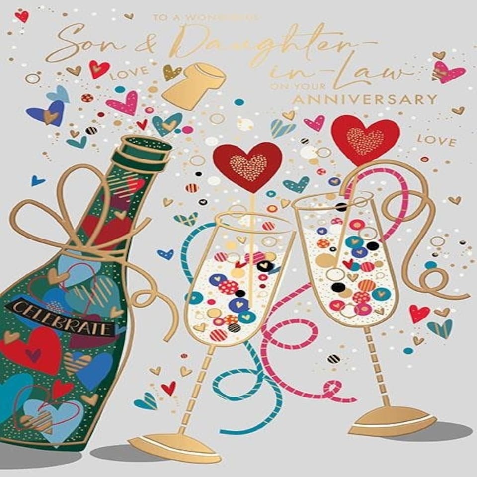 Words'n' Wishes Wonderful Son and Daughter-In-Law Anniversary Card - Champagne and Love Hearts with Embossed Foil Details - Eco-Friendly