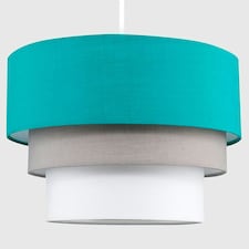 ValueLights Aztec Pair of 3 Tier Teal Fabric Lamp Shades & Bulbs Blue