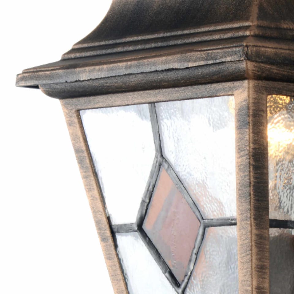 image 1 of Set of 2 Morecambe - Black Brushed Gold PIR Sensor Outdoor Wall Lights | Black | Black & hand brushed gold and clear glass with amber glass detail | Small | 2