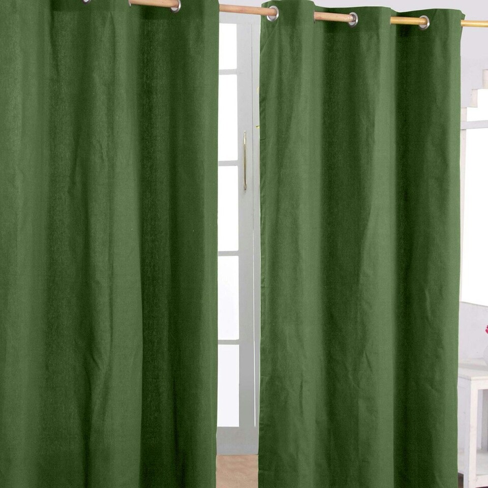image 1 of Homescapes Cotton Plain Dark Olive Green Ready Made Eyelet Curtain Pair - 117 x 137 cm Green