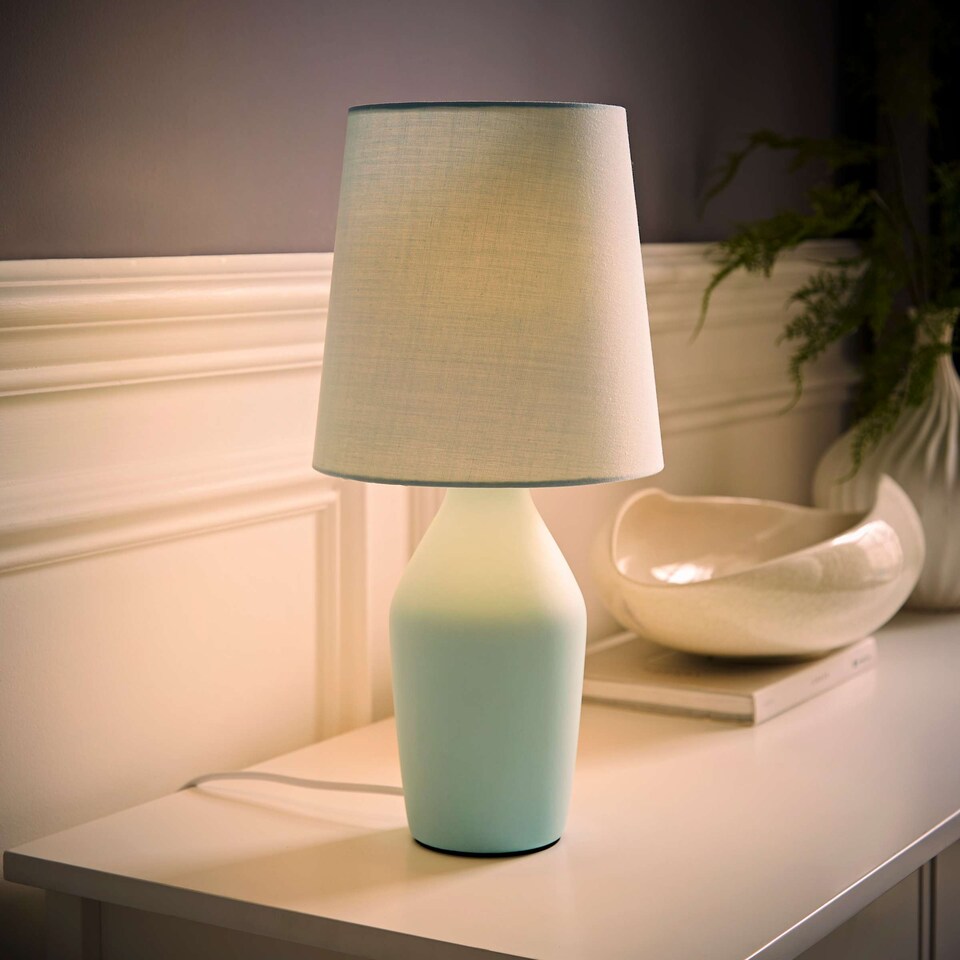 image 1 of ValueLights Arlo Pair of Duck Egg Blue Ceramic Table Lamps with Blue Shades & Bulbs | Blue