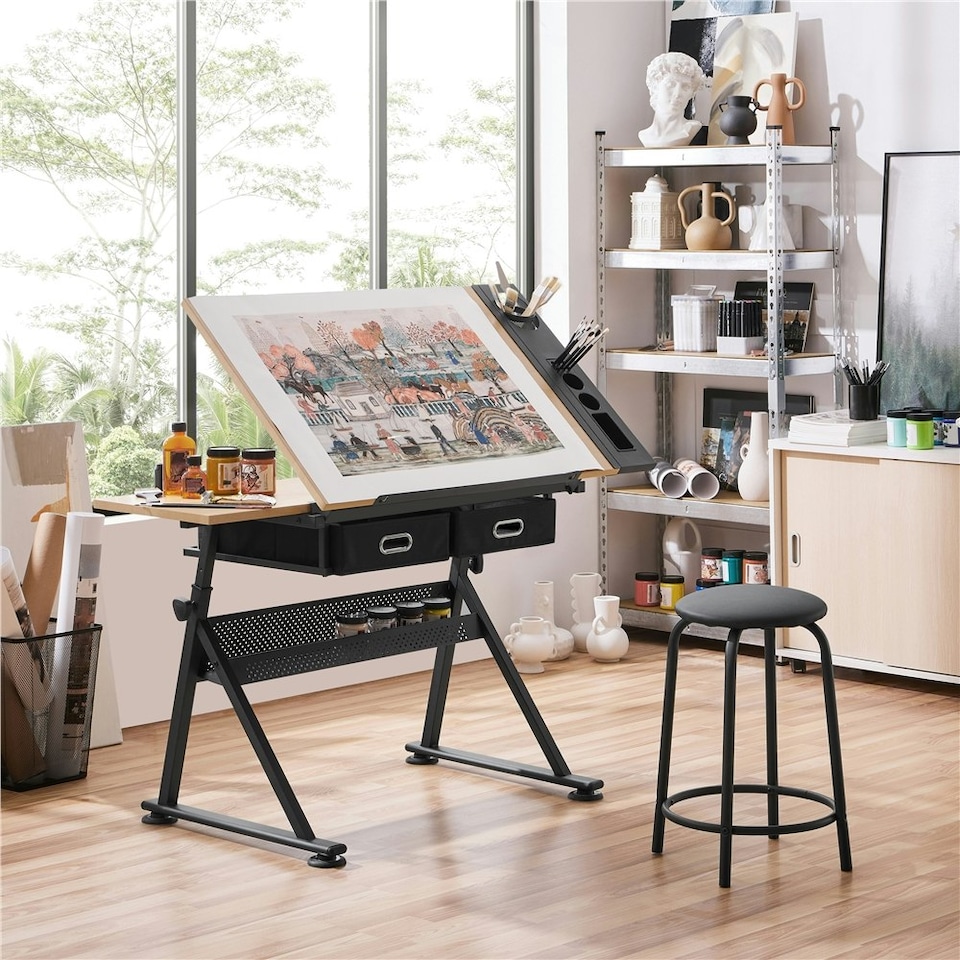 image 1 of Yaheetech Drawing Table & Stool Set