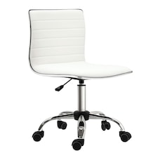 HOMCOM Armless Task Desk Chair, Swivel Office Chair with Faux Leather, Adjustable Seat Height, Chrome Base, Wheels for Home, White