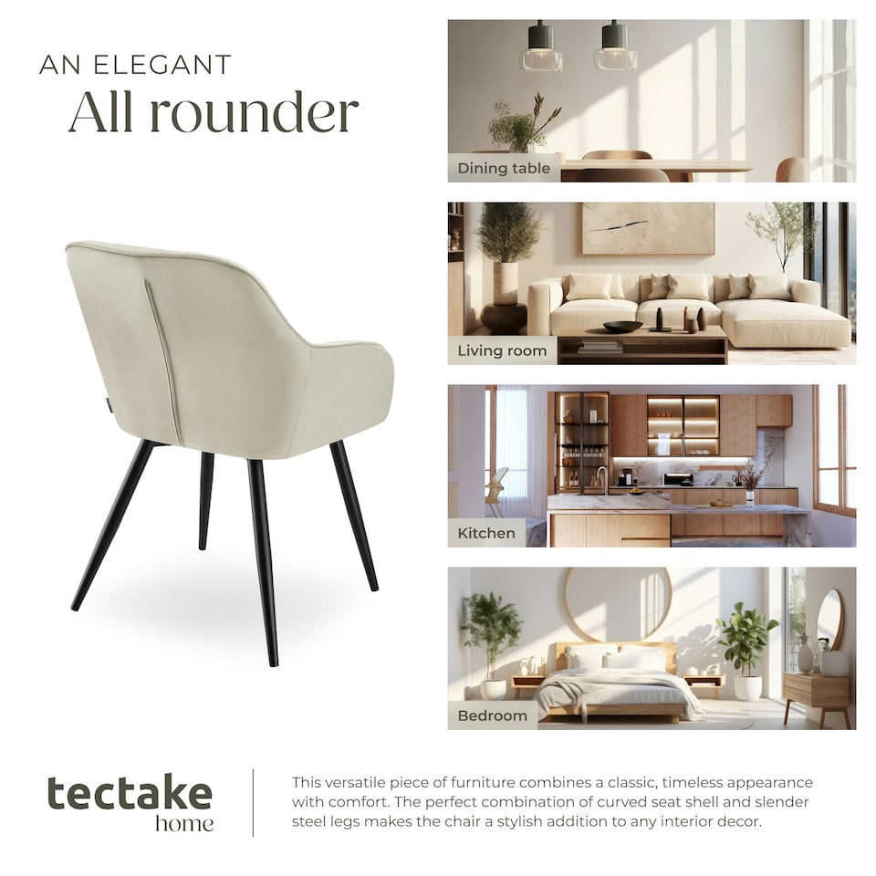 image 1 of Chair Marilyn - velvet look, quilted, continuous backrest, slim steel legs - per piece Cream | Cream/Black