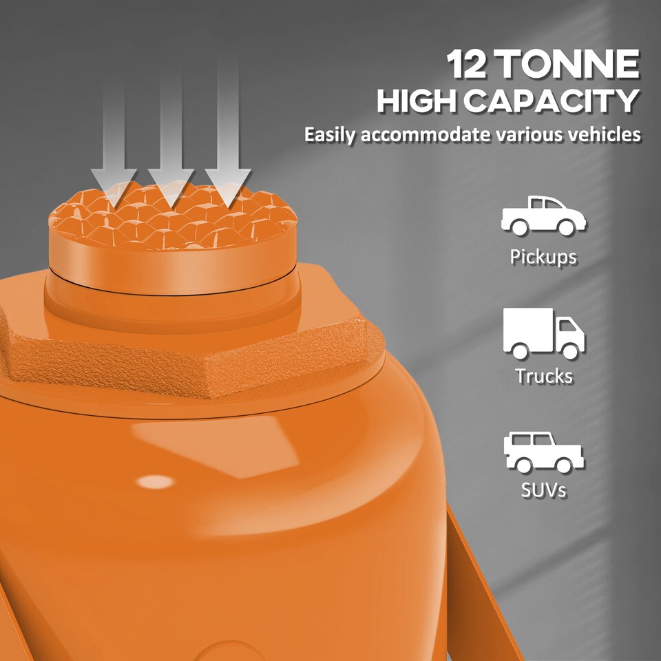 image 1 of HOMCOM 12 Tonne Hydraulic Bottle Jack with 19-37 cm Lifting Range, Heavy Duty Portable Compact Car Jack Lift with Saddle and 3 Section Handle for Pickup, Truck, Auto Repair Maintenance, Orange