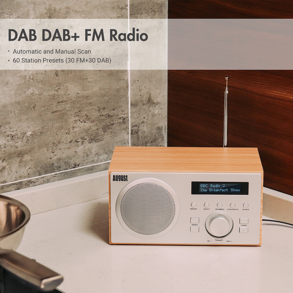 image 1 of Bluetooth Speaker with DAB/DAB+/FM Radio, Dual Alarm Clock, USB MP3 Playback & AUX-In – August MB420K