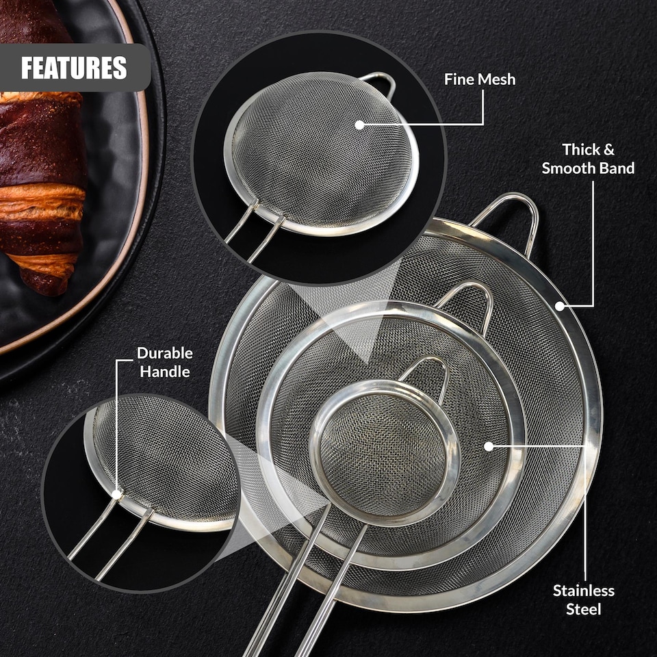 image 1 of GEEZY Fine Mesh Sieve Set of 3 Stainless Steel Strainers for Kitchen Baking Cooking
