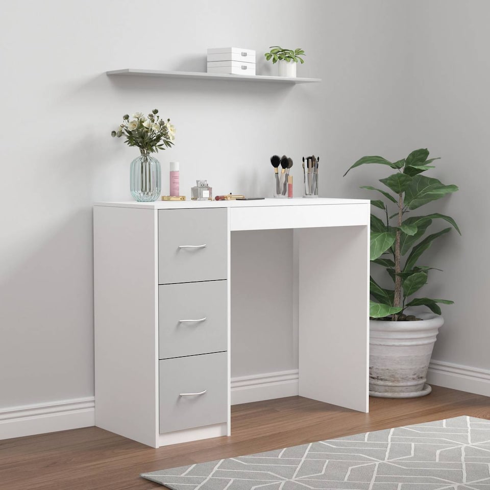 image 1 of 3-Drawer Wooden Desk and Dressing Table - Multi-Functional, 79.5x93x40 cm | White | White & Cool Grey | 22.5 x 43.5 x 98.5 | 1
