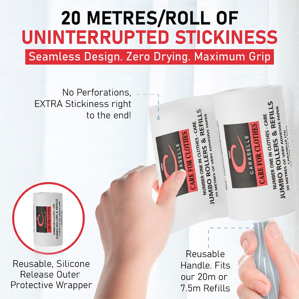 image 1 of Caraselle 1 x Jumbo Lint Roller + 2 x Refills (total 60m, ≈600+ Sheets Equivalent)