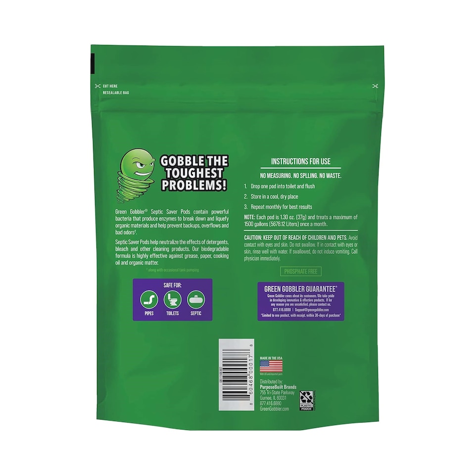 image 1 of Green Gobbler Septic Saver Sewage & Septic Tank Cleaner Bacteria Enzyme Packs 6 Pods (222g)