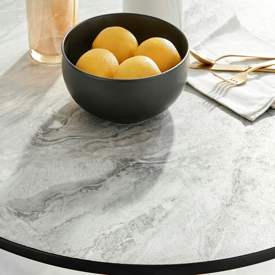 image 1 of Furniturebox Elina White Marble Effect Round Dining Table & 2 Blue Pesaro Black Leg Chairs