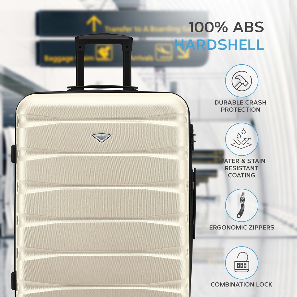 image 1 of Flight Knight 25" 4 Wheel ABS Hard Case Medium Suitcase 100+ Airlines Approved - easyJet, British Airways, Ryanair, Jet2, Emirates & Many More - Check-in | Cream | Cream/Black | Medium