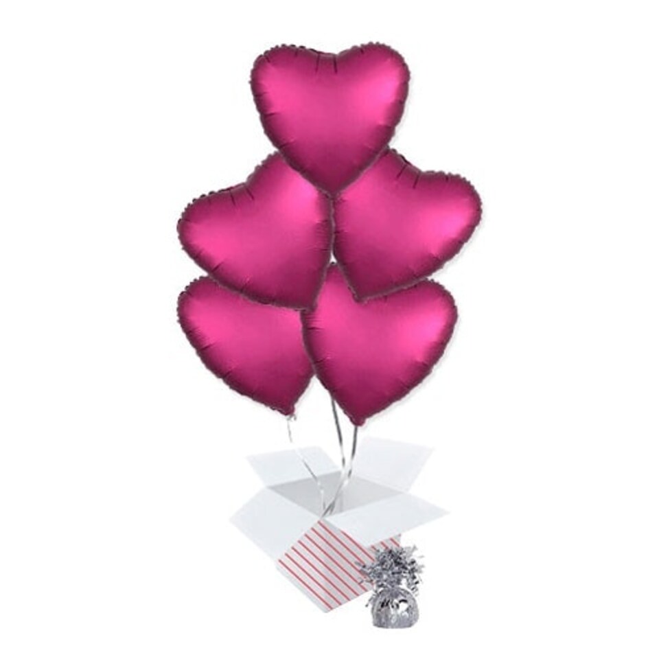 Pomegranate Burgundy Satin Luxe Heart Foil Helium Balloon Bouquet - 5 Inflated Balloons In A Box