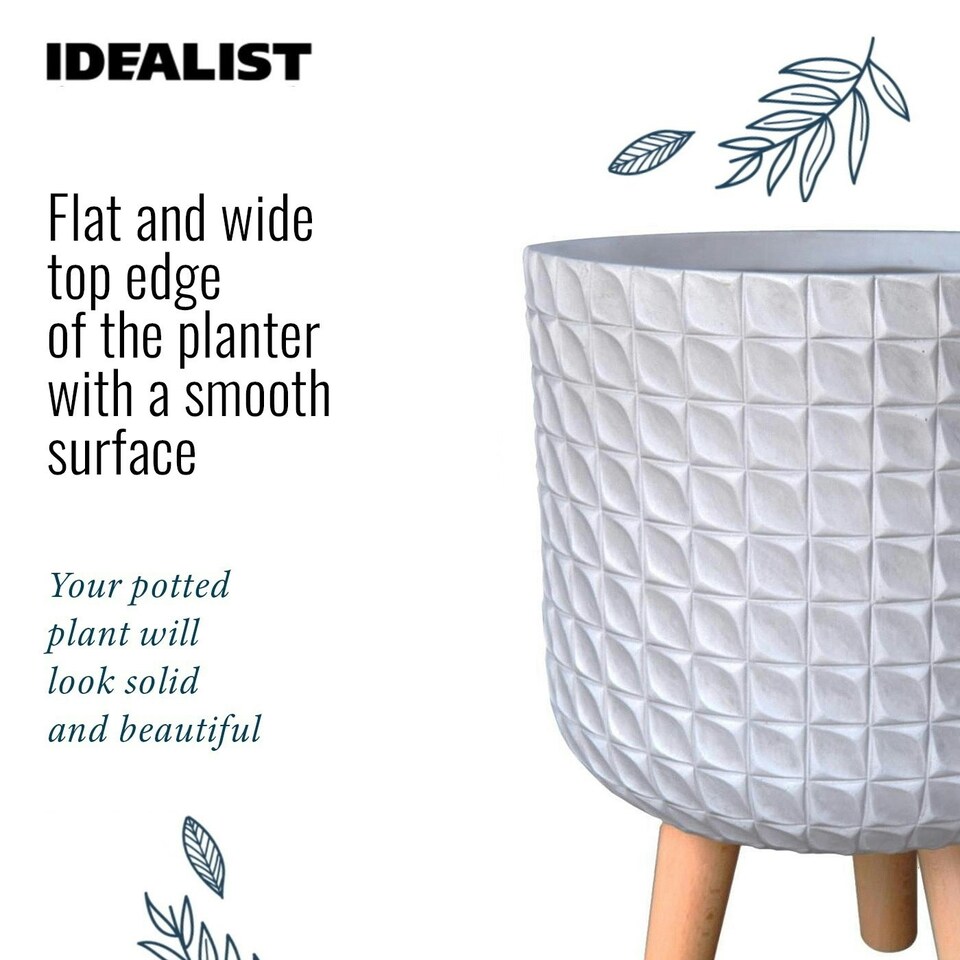 image 1 of Geometric Patterned White Cylinder Planter on Legs, Round Pot Plant Indoor D21 H34 cm, 9.1 ltrs Cap.