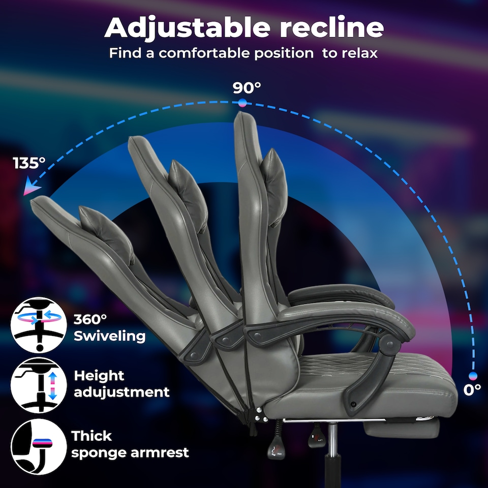image 1 of Levede Office Desk Chair PU Gaming Recliner Adjustable Height Swivel | Grey | Grey | One Size