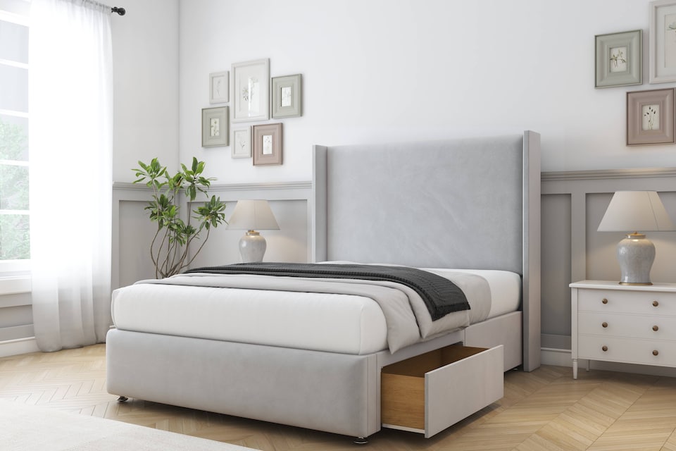 image 1 of Sloomy Stratford Silver Plush Divan Bed With Mattress No Drawers With 54" Wingback Headboard & 12" Matching Footboard 5' King | Silver | Silver | King | 1
