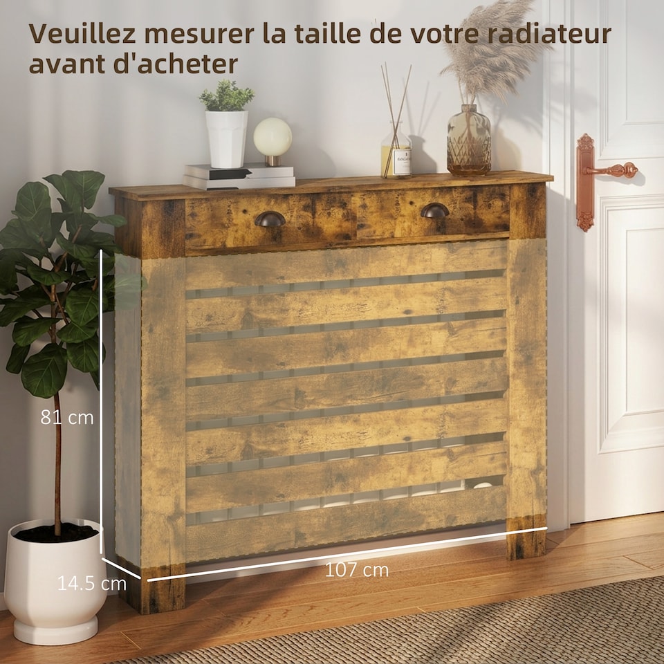 image 1 of HOMCOM Radiator Cover with Drawer, Horizontal Slat, 111cm, Rustic Brown
