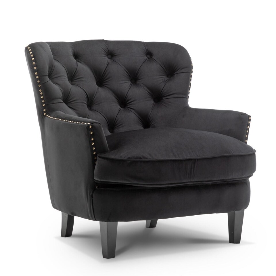 image 1 of Velvet Black Buttoned Ava Accent Chair
