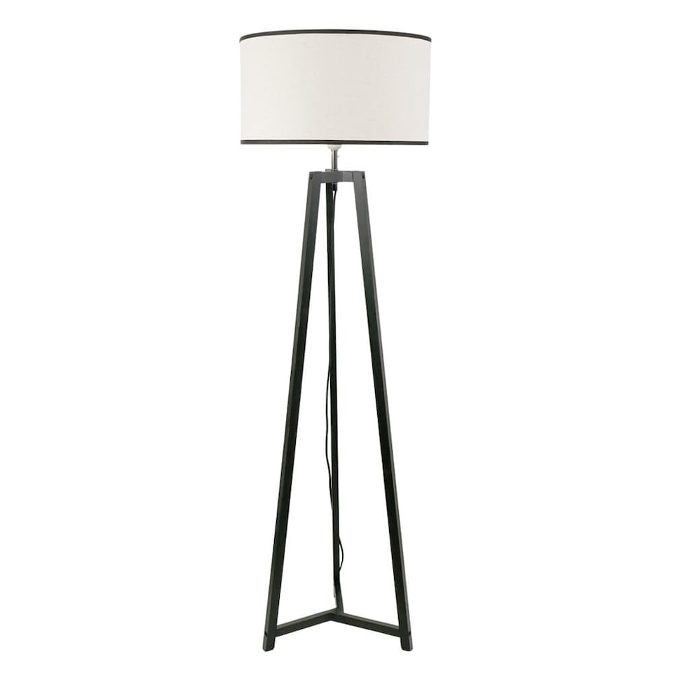 image 1 of ValueLights Lottie Wood Tripod Floor Lamp Linen White Trim Shade & Bulb | Brown | White