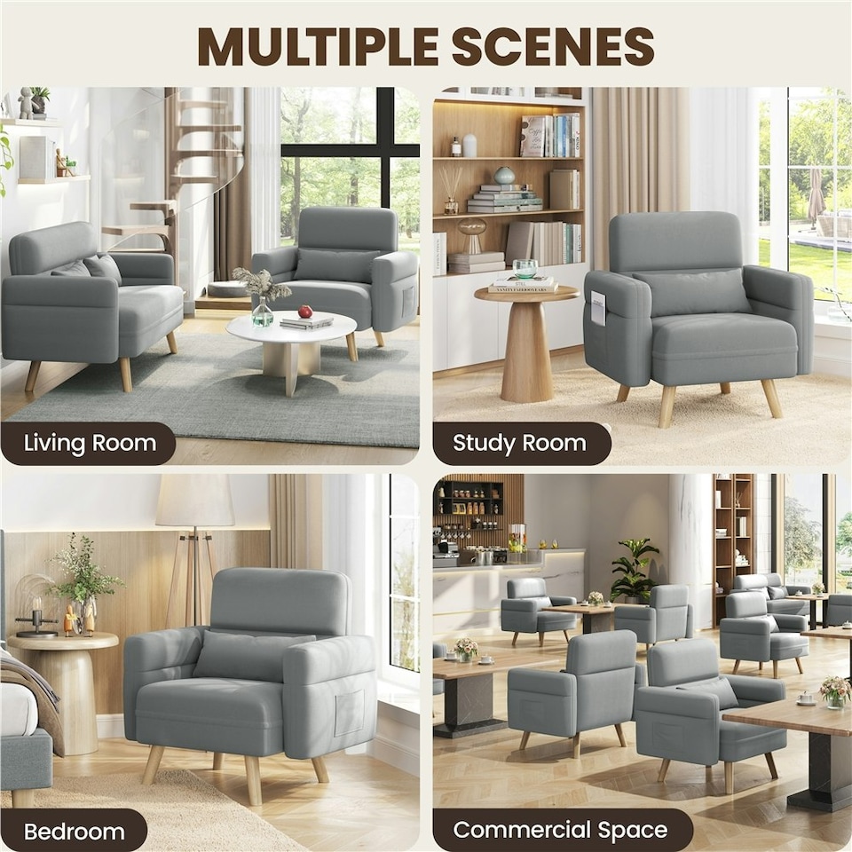image 1 of Yaheetech Fabric Armchair Chair with Rubberwood Legs Side Pockets and Lumbar Pillow | Grey | Light Grey