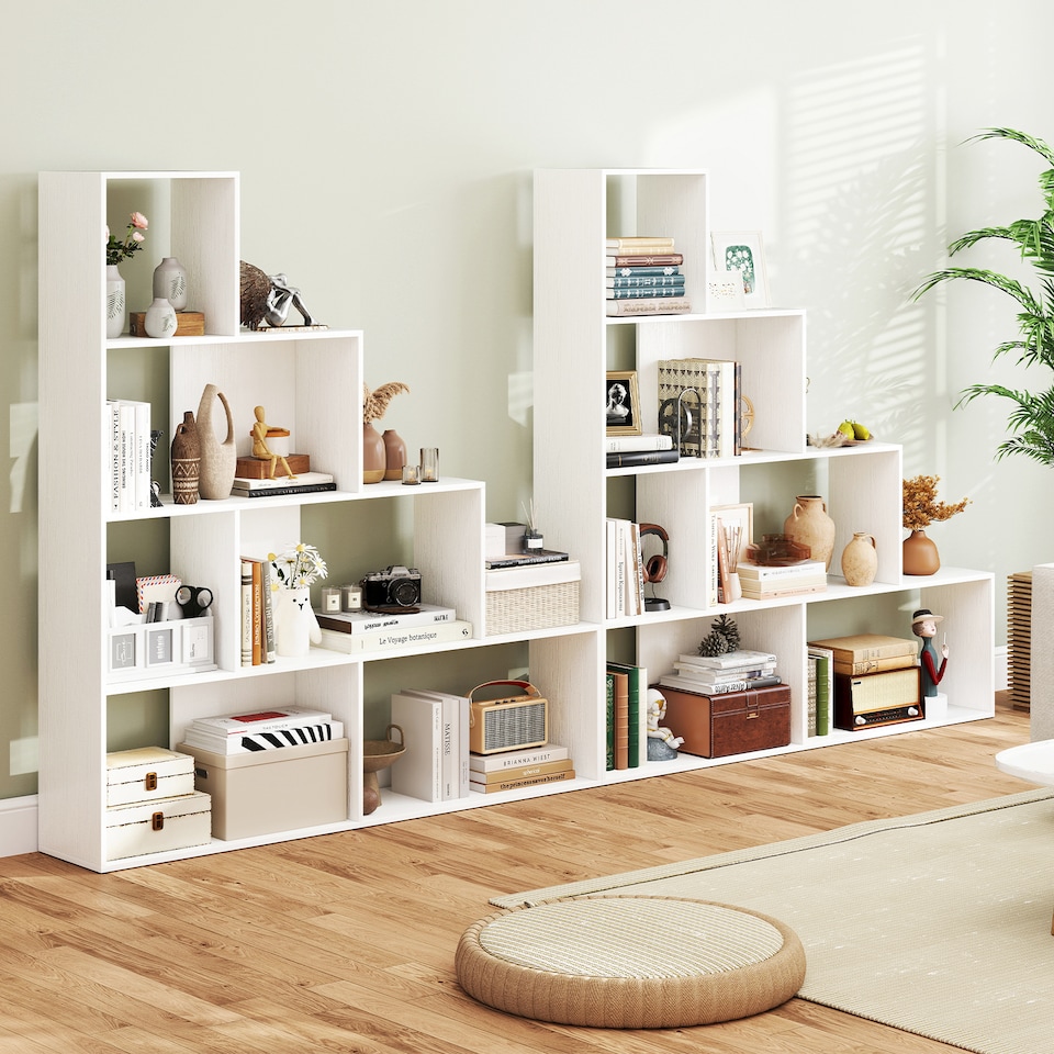 image 1 of COSTWAY 4 Tier Stepped Bookshelf Modern Ladder Bookcase 6 Storage Cubes White