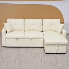 Milano 3 Seater L Shape Pullout Sofa Bed with Deep Storage Compartment & Reversible Chaise Cream | Beige