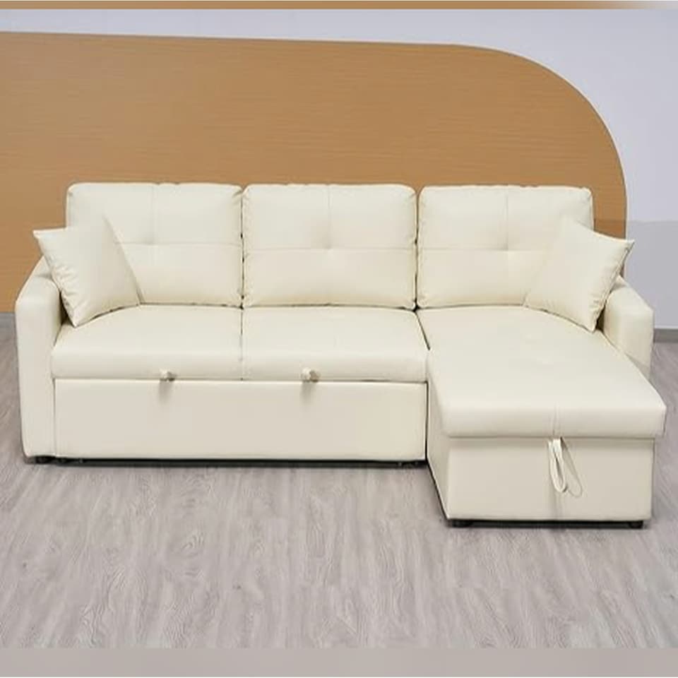 image 1 of Milano 3 Seater L Shape Pullout Sofa Bed with Deep Storage Compartment & Reversible Chaise Cream | Beige