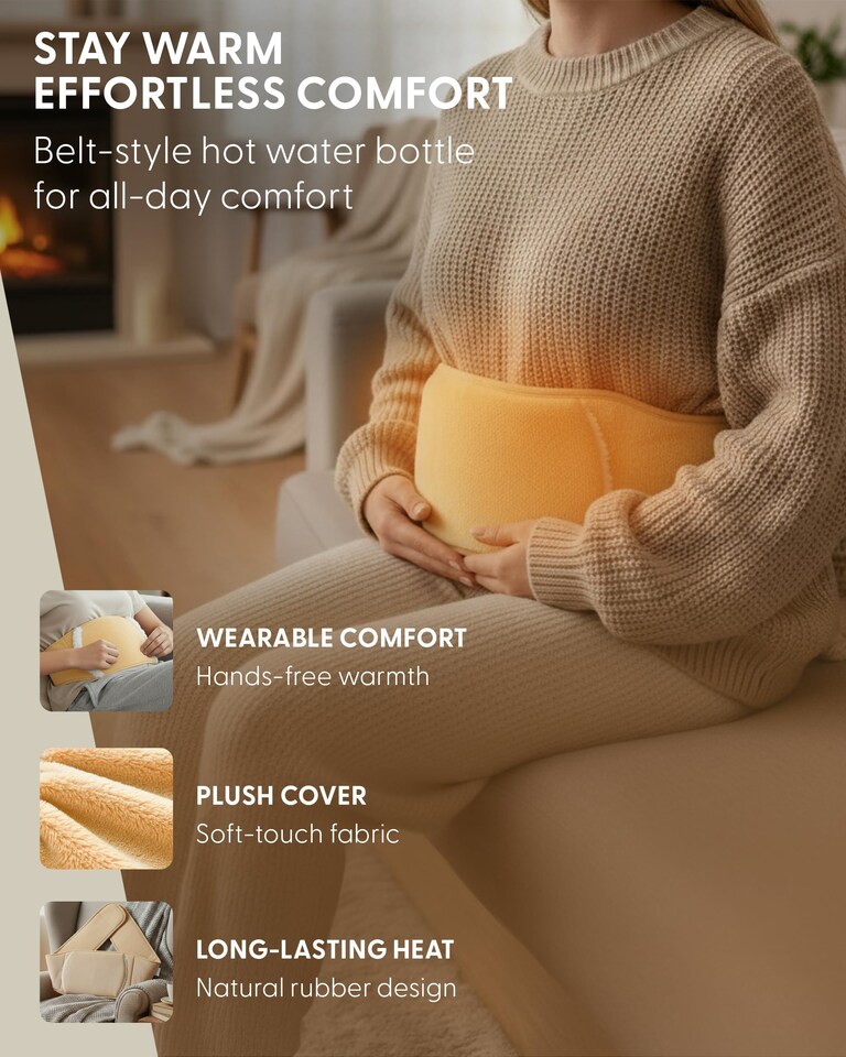 image 1 of Keplin 2L Hot Water Bottle with Plush Waist Belt Cover Natural Rubber