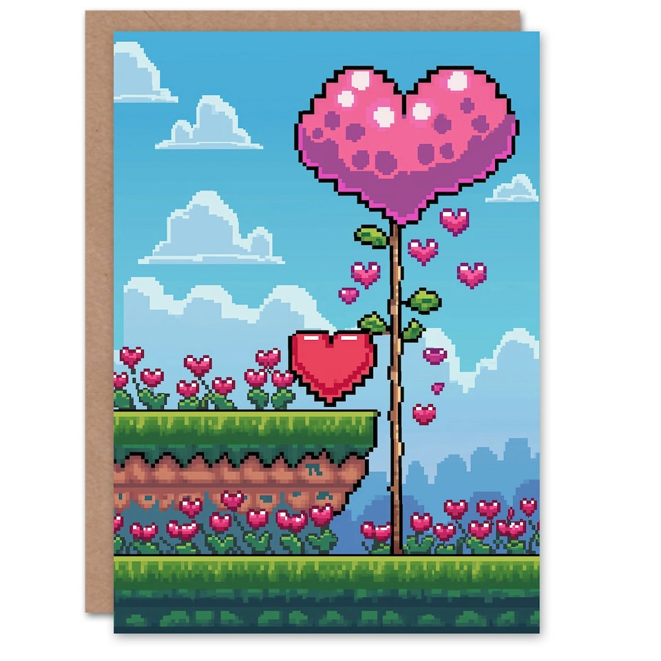 image 1 of Pixel Video Game Heart Plant Anniversary Valentines Day Card