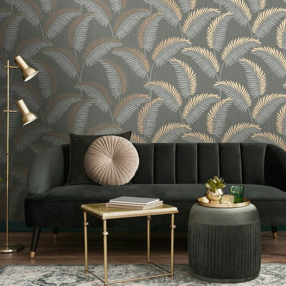 image 1 of Fine Decor Cascade Leaf Wallpaper - Grey/Rose Gold - 10m x 53cm Grey