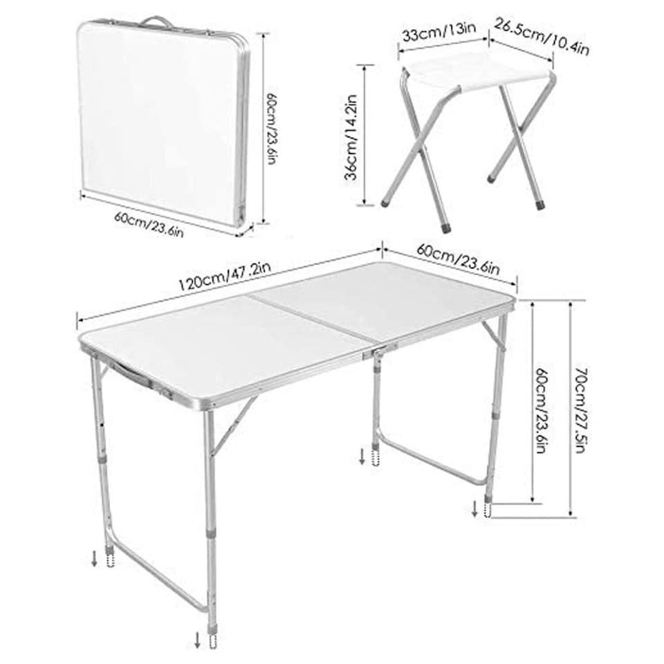 image 1 of 4ft Folding Camping Table and 4 Stools Set - 120cm Adjustable Height Picnic Table