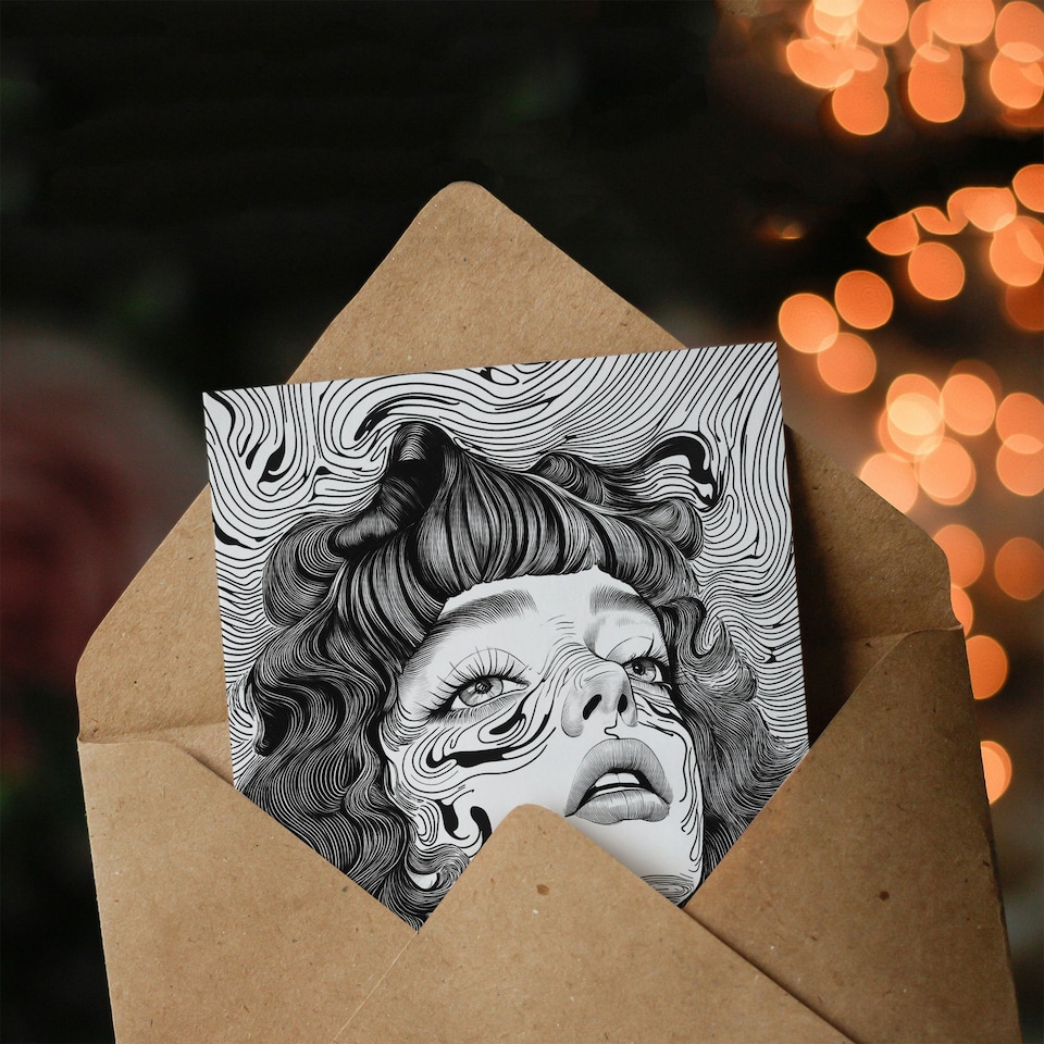 image 1 of Manic Pixie Girl Trippy Black White Line Portrait Birthday Greeting Card