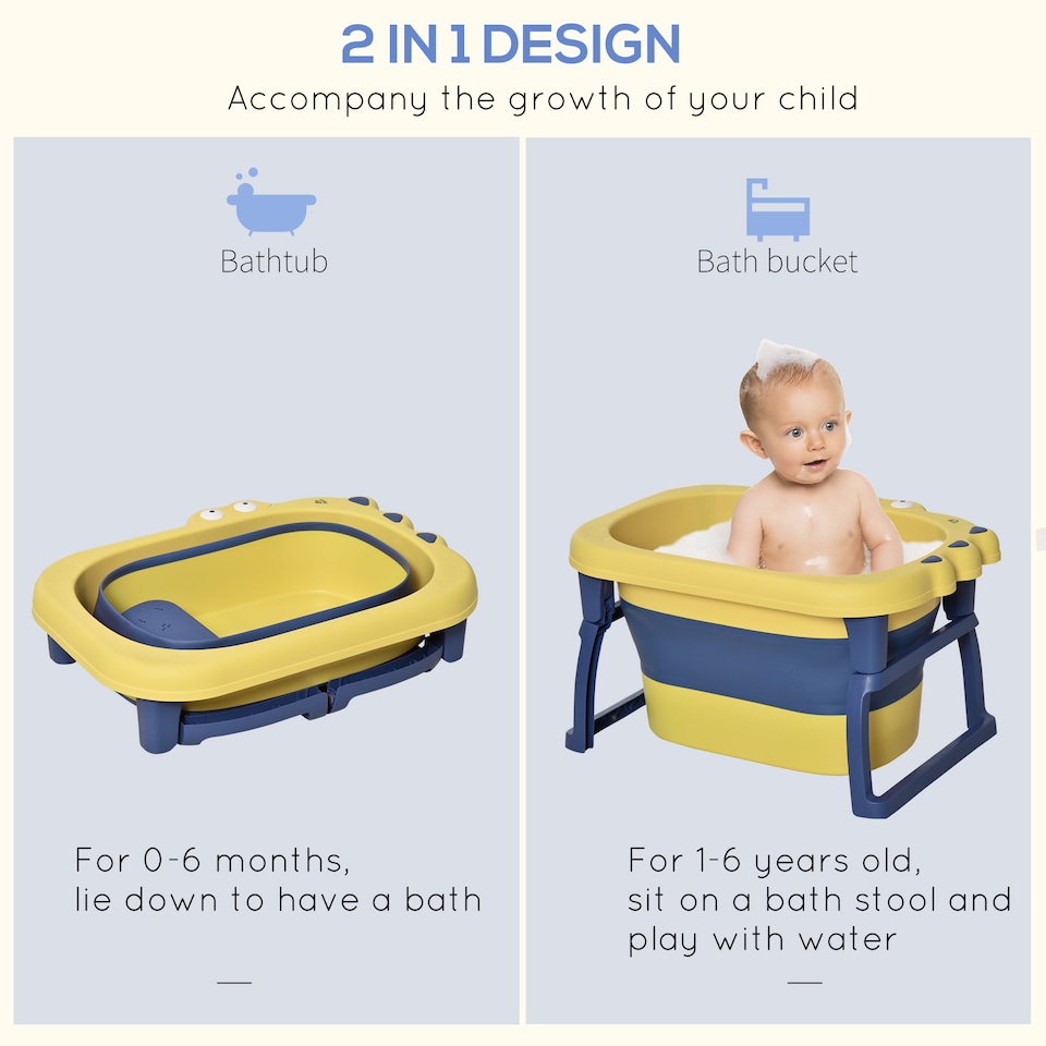 image 1 of HOMCOM Foldable Baby Bathtub for Newborns Infants Toddlers w Stool - Yellow