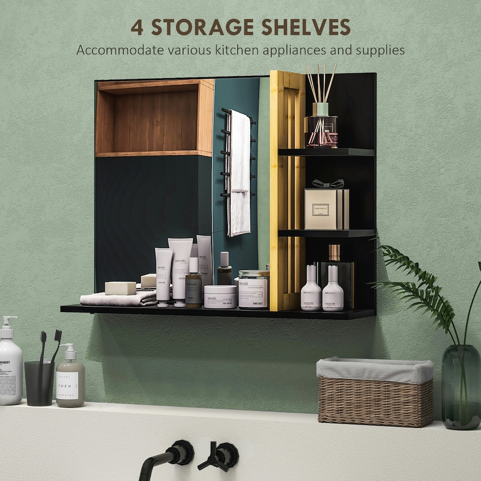 image 1 of HOMCOM Bathroom Mirror Wall Mount Vanity Mirror with 4 Storage Shelves, Black