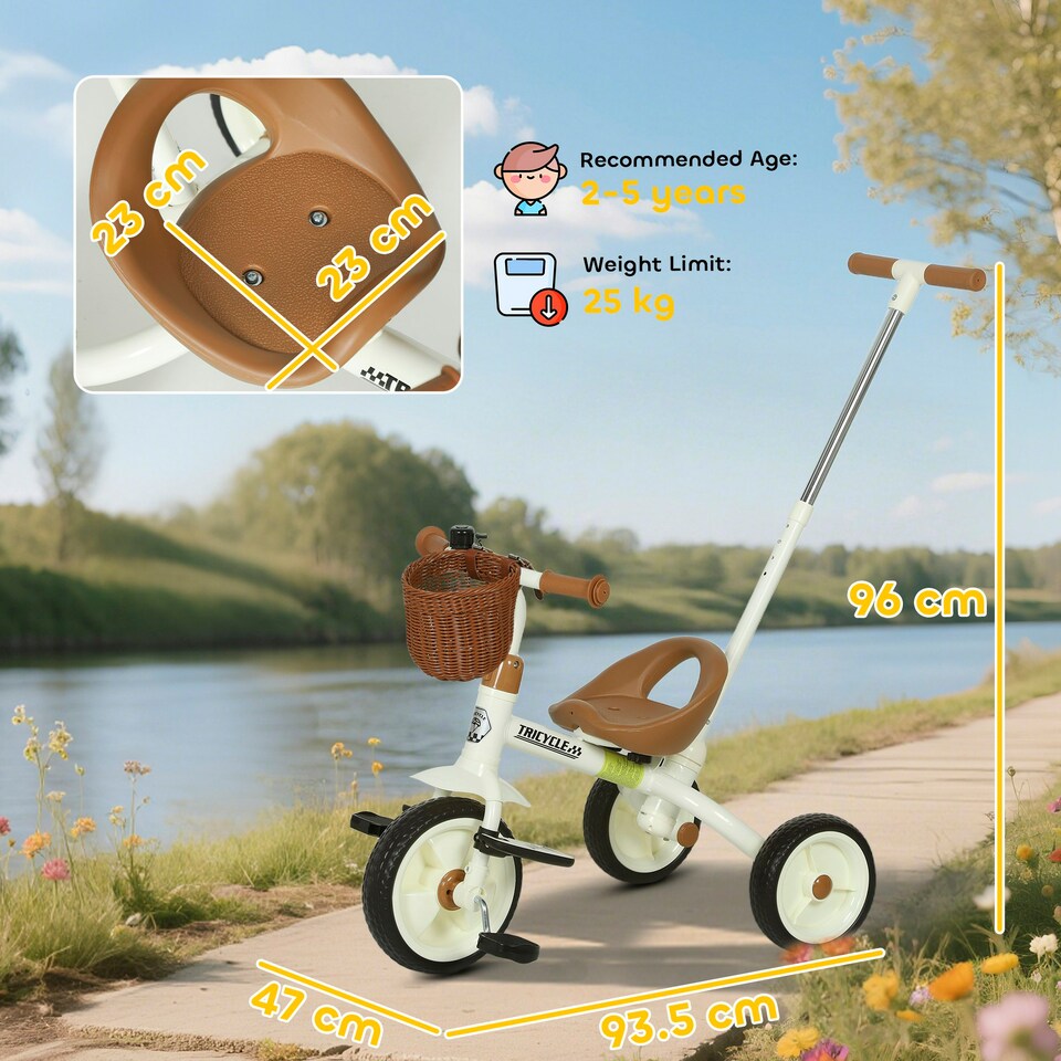 image 1 of AIYAPLAY Toddler Trike with Adjustable Parent Handle Basket for Kids, White