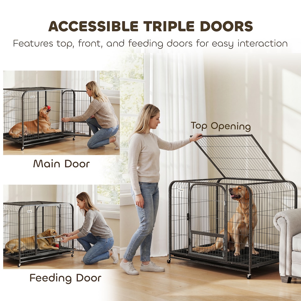 image 1 of PawHut Heavy Duty Dog Crate, Large Dog Cage with Wheels and Tray
