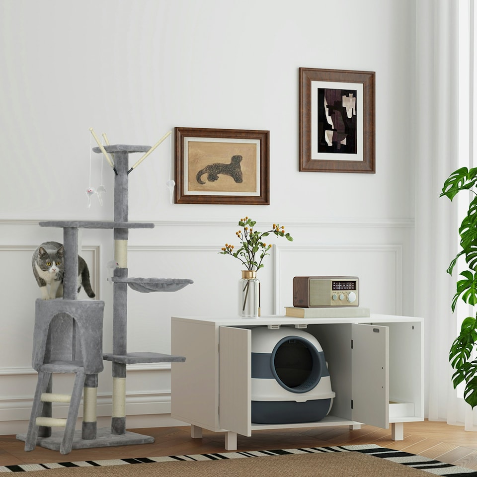 image 1 of PawHut Cat Tree for Indoor Cats, 135cm Scratching Post Climbing Tower, Grey