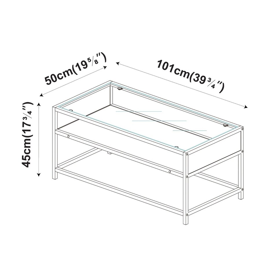 image 1 of Glass Display Top Coffee Table with Steel Frame Reversible Wooden Storage Shelf | Black | White Stone