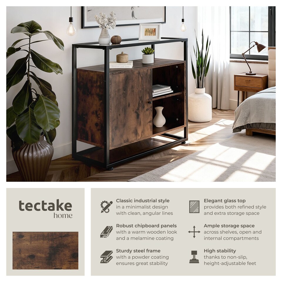 image 1 of Sideboard Coventry - glass tabletop, open shelves, storage cabinet | Brown | Industrial wood dark, rustic | 70 x 38 x 80,50 cm | 1