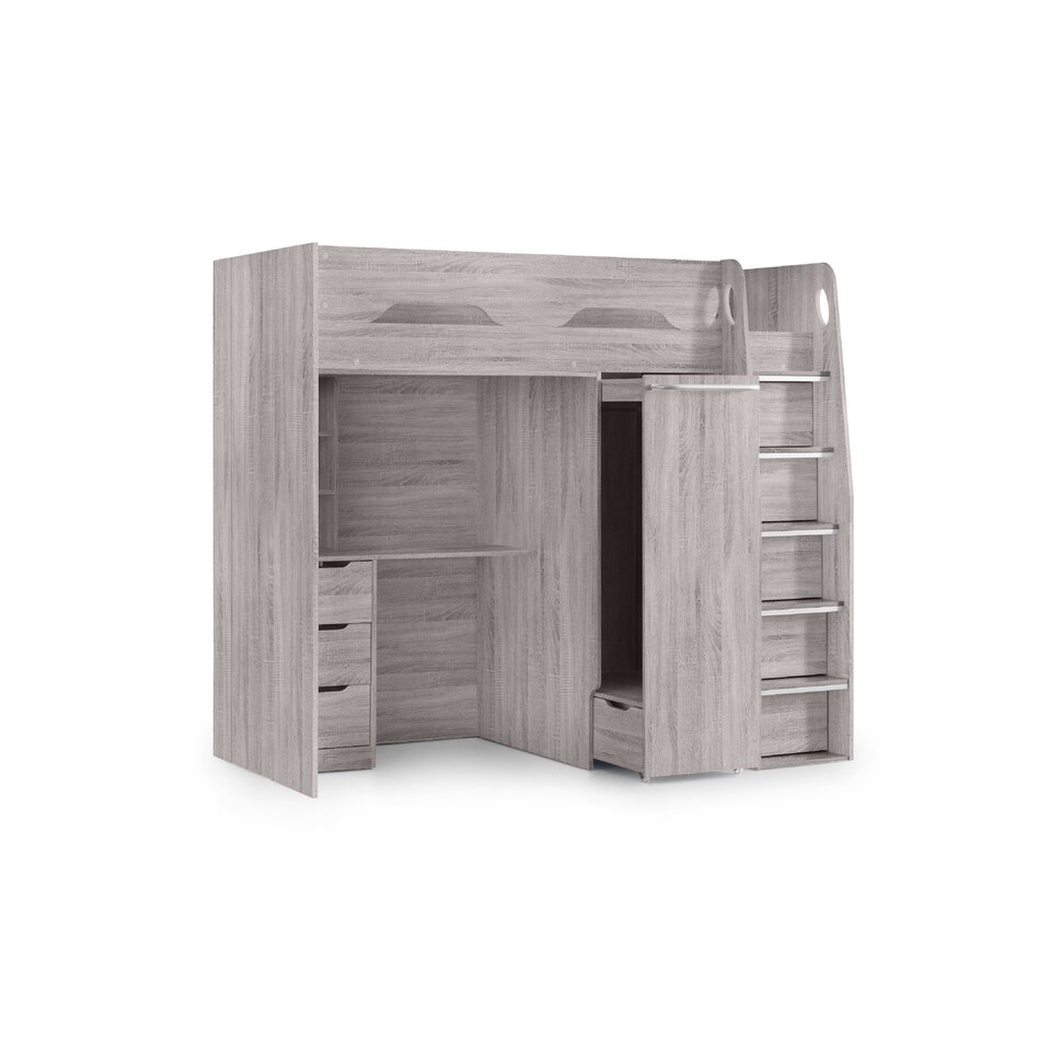image 1 of Pegasus 90cm Single Grey Oak Effect Highsleeper Loft Bed with Desk
