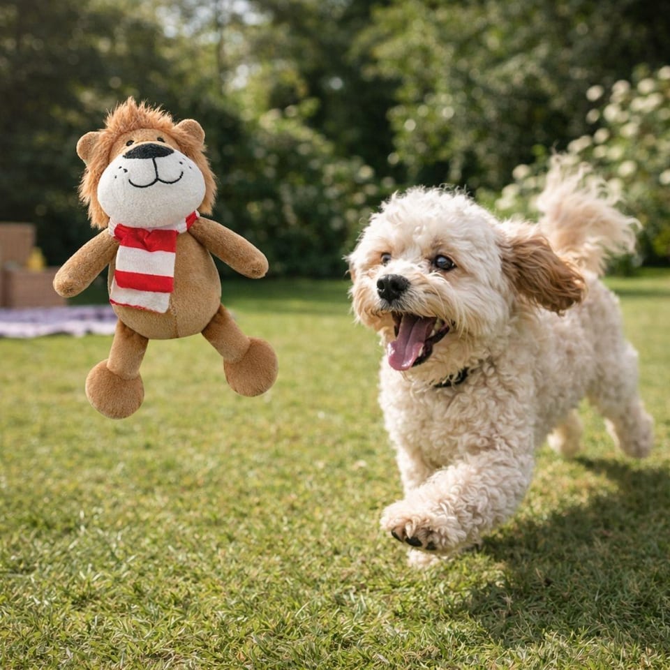 image 1 of Plush Lion With Scarf Dog Toy Squeaker Crinkle Effect Soft Interactive Play Fetch