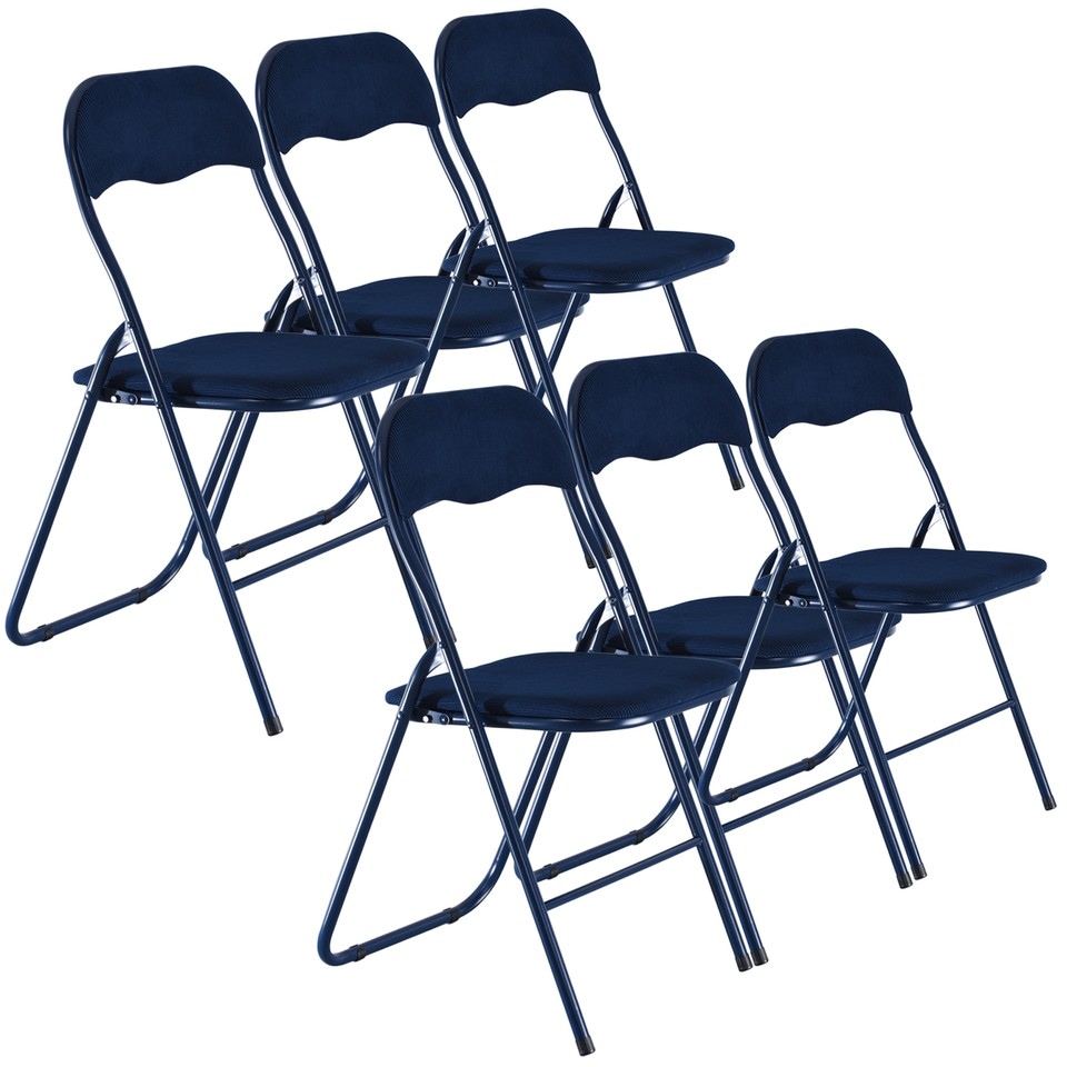 image 1 of 6 Pc Folding Lightweight Chair Set Portable Metal Frame PVC Velvet Ribcord Seats | Multi | Blue Ribcord